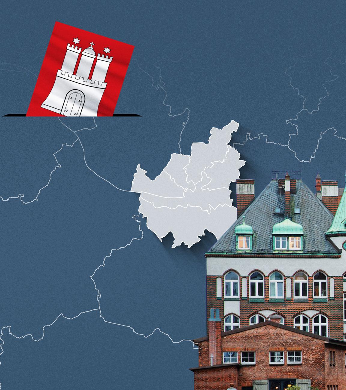 Foto von der Speicherstadt, davor eine Wahlkreis-Karte von Hamburg und die Flagge