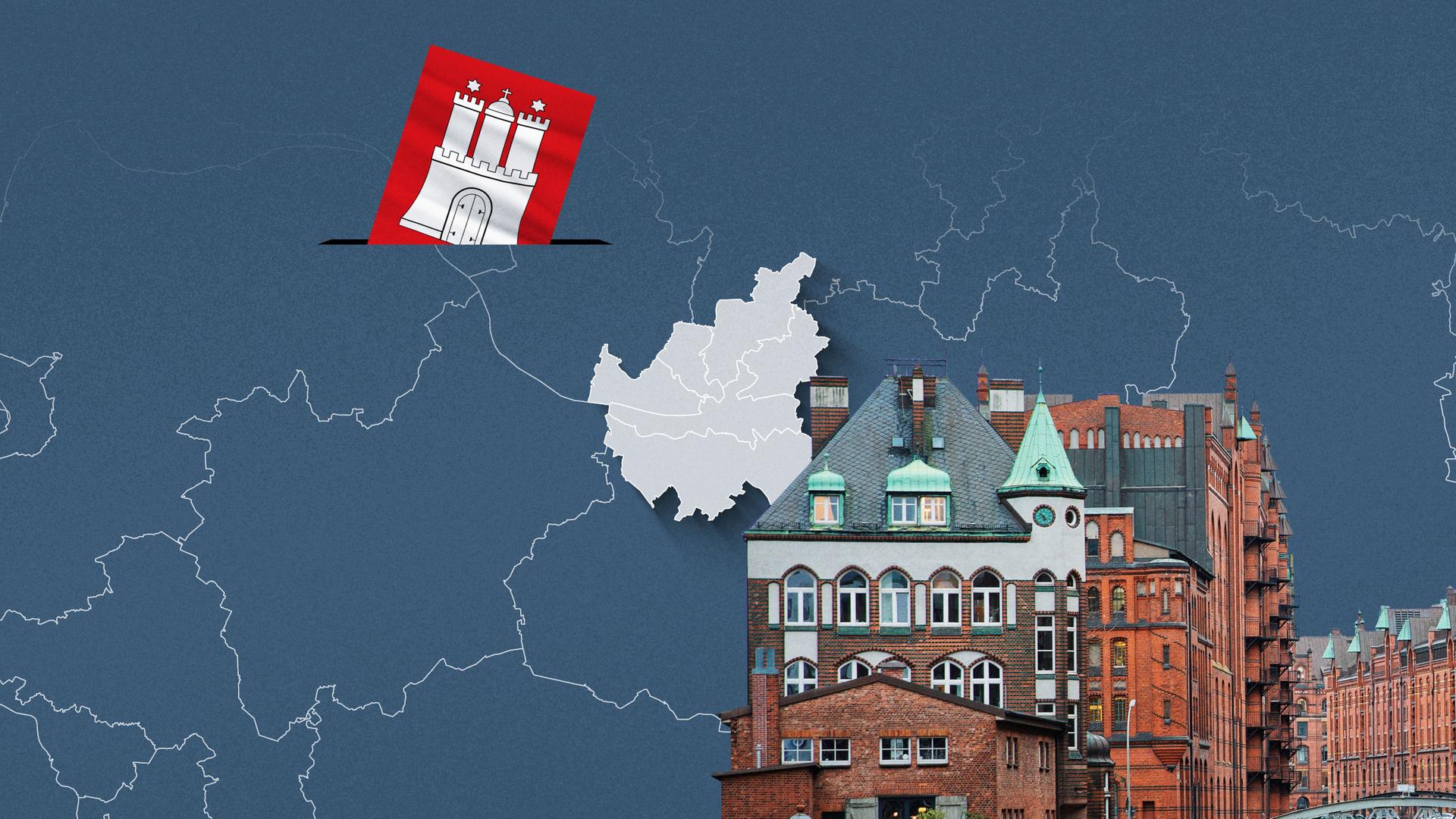 Foto von der Speicherstadt, davor eine Wahlkreis-Karte von Hamburg und die Flagge