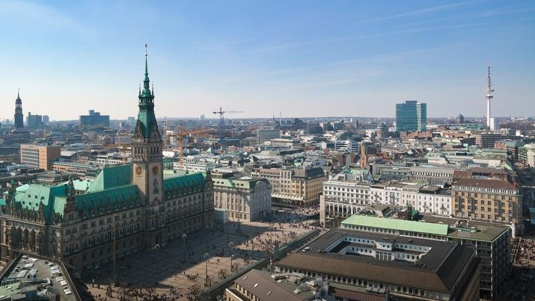 Blick über Hamburg mit Rathaus und Michel