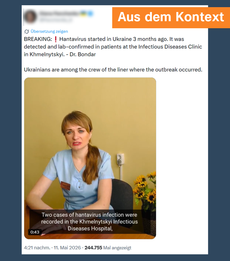Post bei X, der behauptet, das Hantavirus sei aus der Ukraine auf das Kreuzfahrtschiff gekommen.