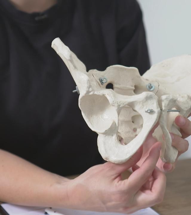 Ärztin zeigt auf Beckenskelett