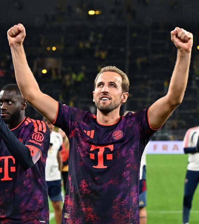 Harry Kane jubelt am 22.08.2026 in Dortmund.