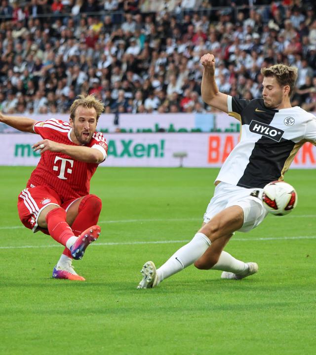 Bayerns Stürmer Harry Kane trifft zum 2:1 Endstand gegen die SV 07 Elversberg