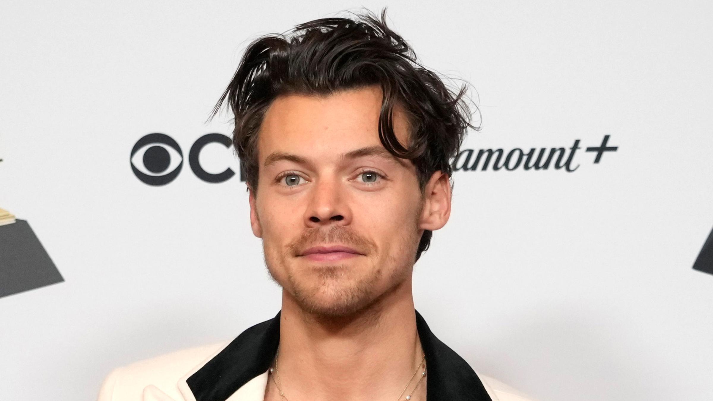 Sänger Harry Styles posiert auf einem Event vor einer Wand mit Sponsoren-Logos. 