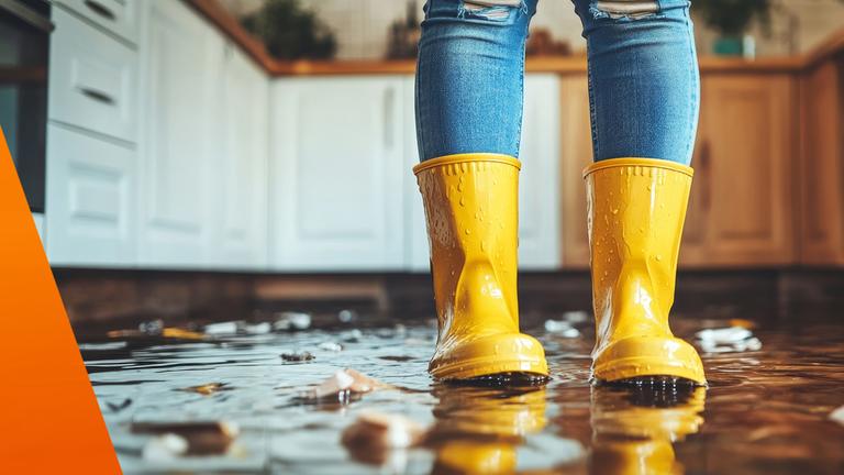 Überflutete Wohnung Beine mit gelben Gummistiefeln