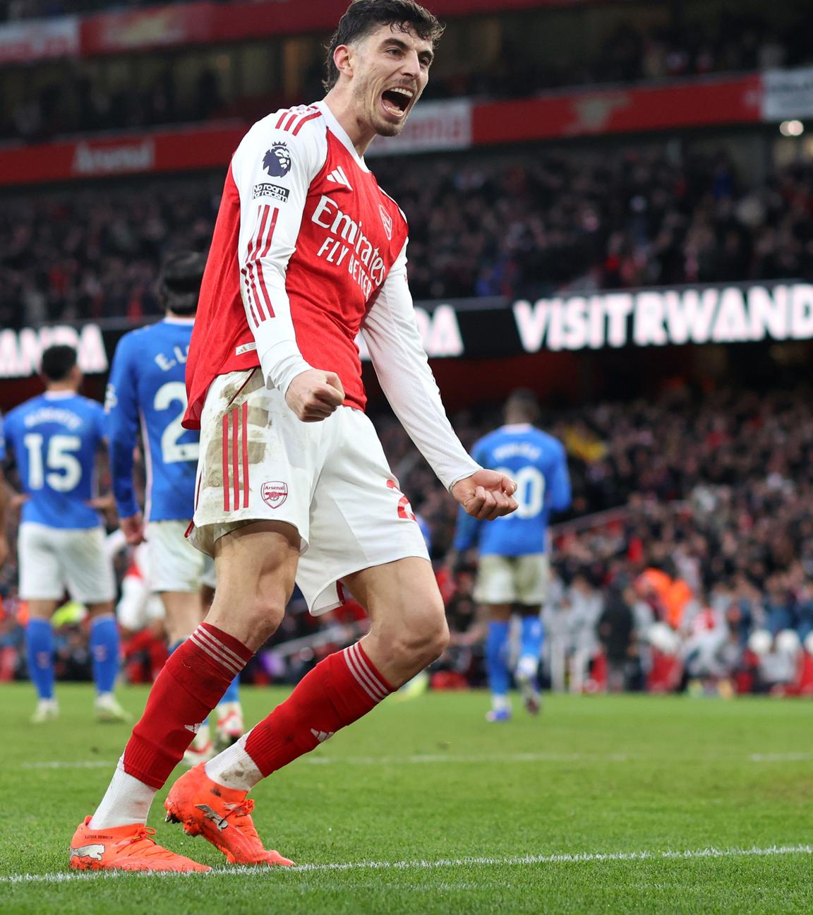 Kai Havertz (Arsenal) jubelt im Spiel gegen AFC Sunderland nach dem Tor zum 2:0