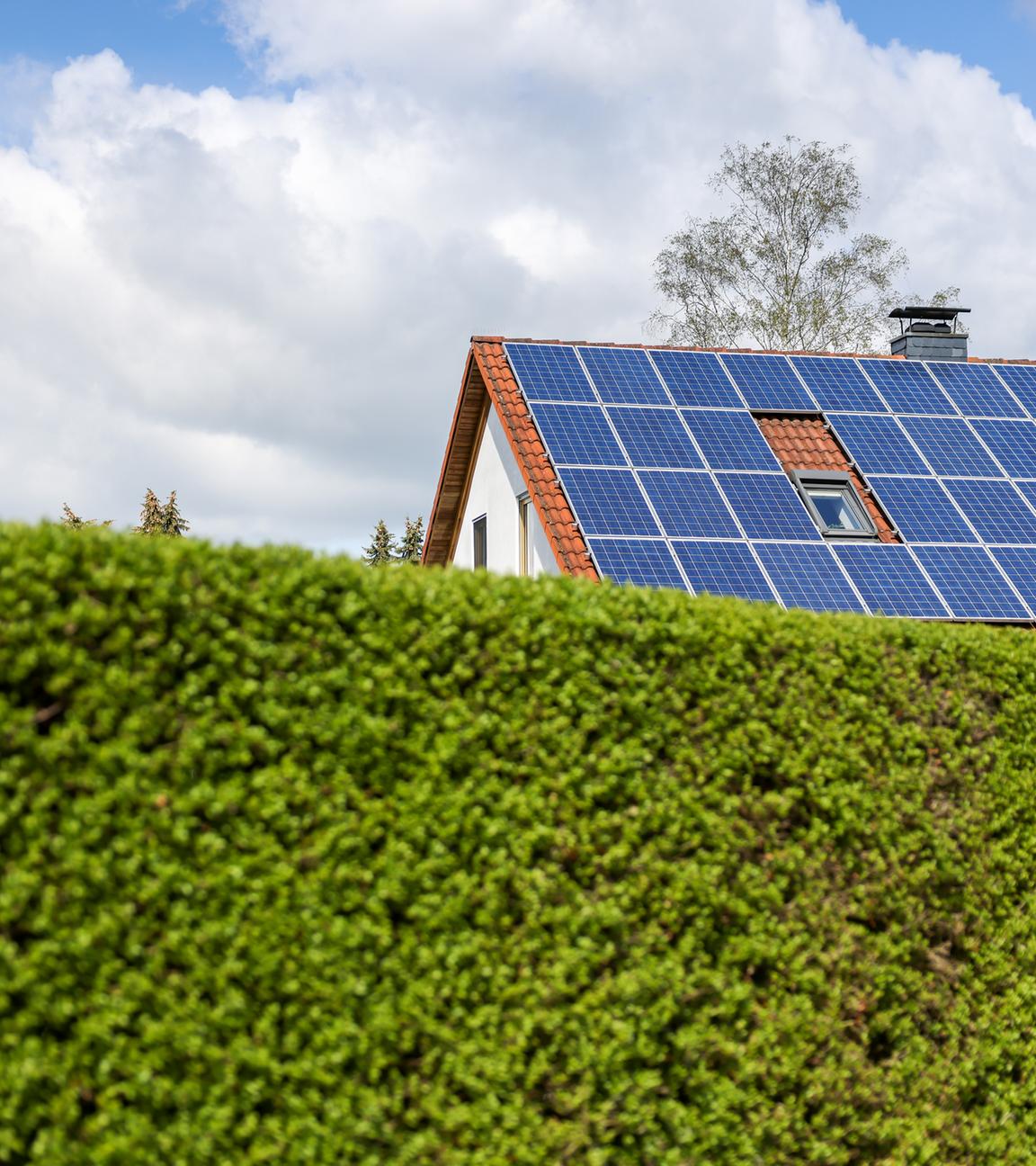 Ein Einfamilienhaus mit Solarzellen auf dem Hausdach steht hinter einer grünen Hecke.