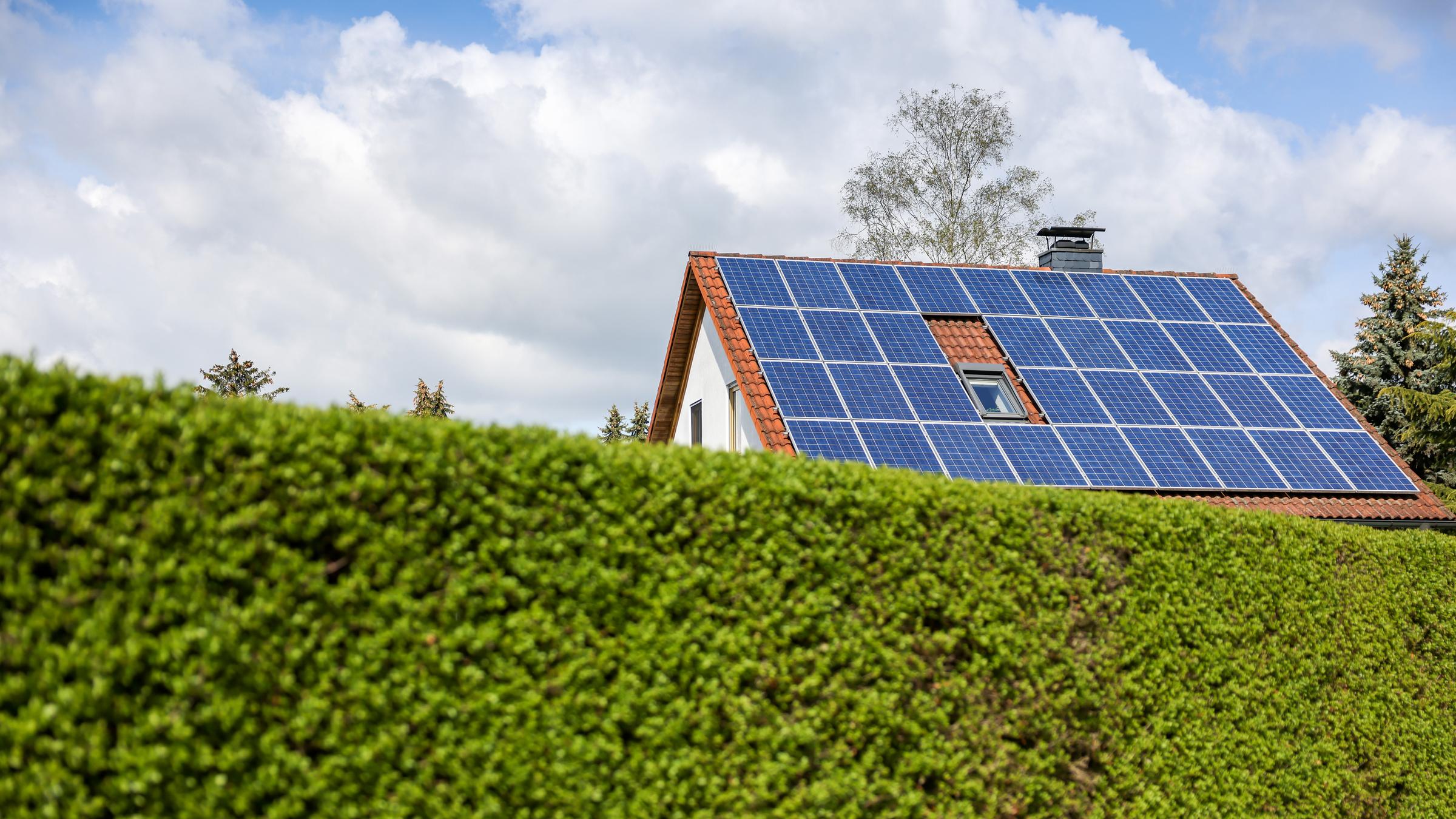 Ein Einfamilienhaus mit Solarzellen auf dem Hausdach steht hinter einer grünen Hecke.