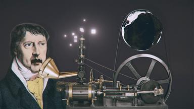 Fotomontage: Ein Mann spricht in einen Zylinder, der an eine Maschine montiert ist.