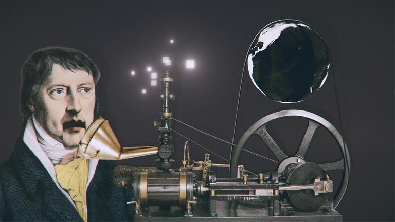 Fotomontage: Ein Mann spricht in einen Zylinder, der an eine Maschine montiert ist.