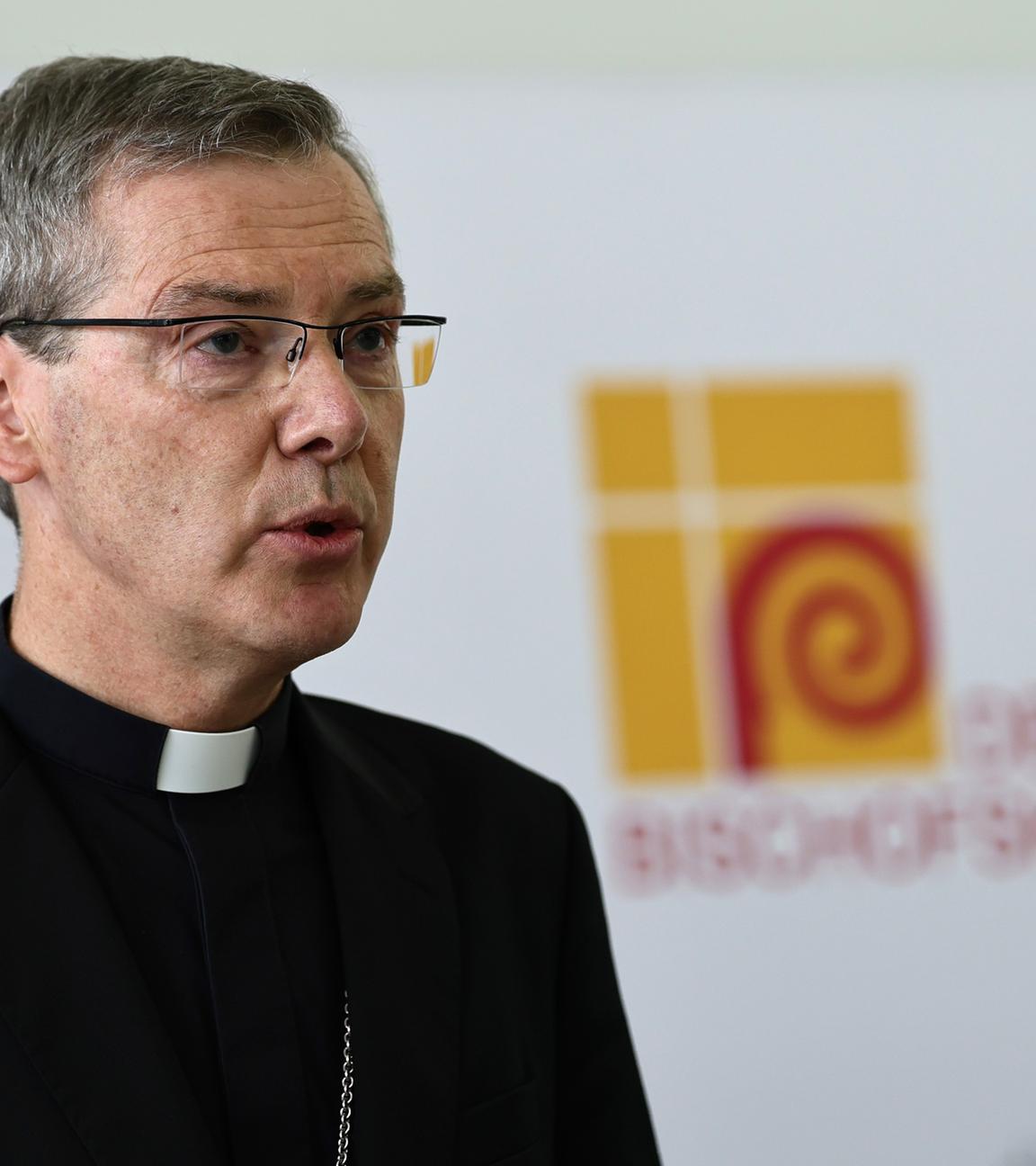 The new elected President of the German Bishops' Conference, Bishop Heiner Wilmer of Hildesheim, speaks during a press statement during the Spring Plenary Assembly of the German Bishops' Conference (Deutsche Bischofskonferenz) in Wuerzburg, Germany, 24 February 2026.