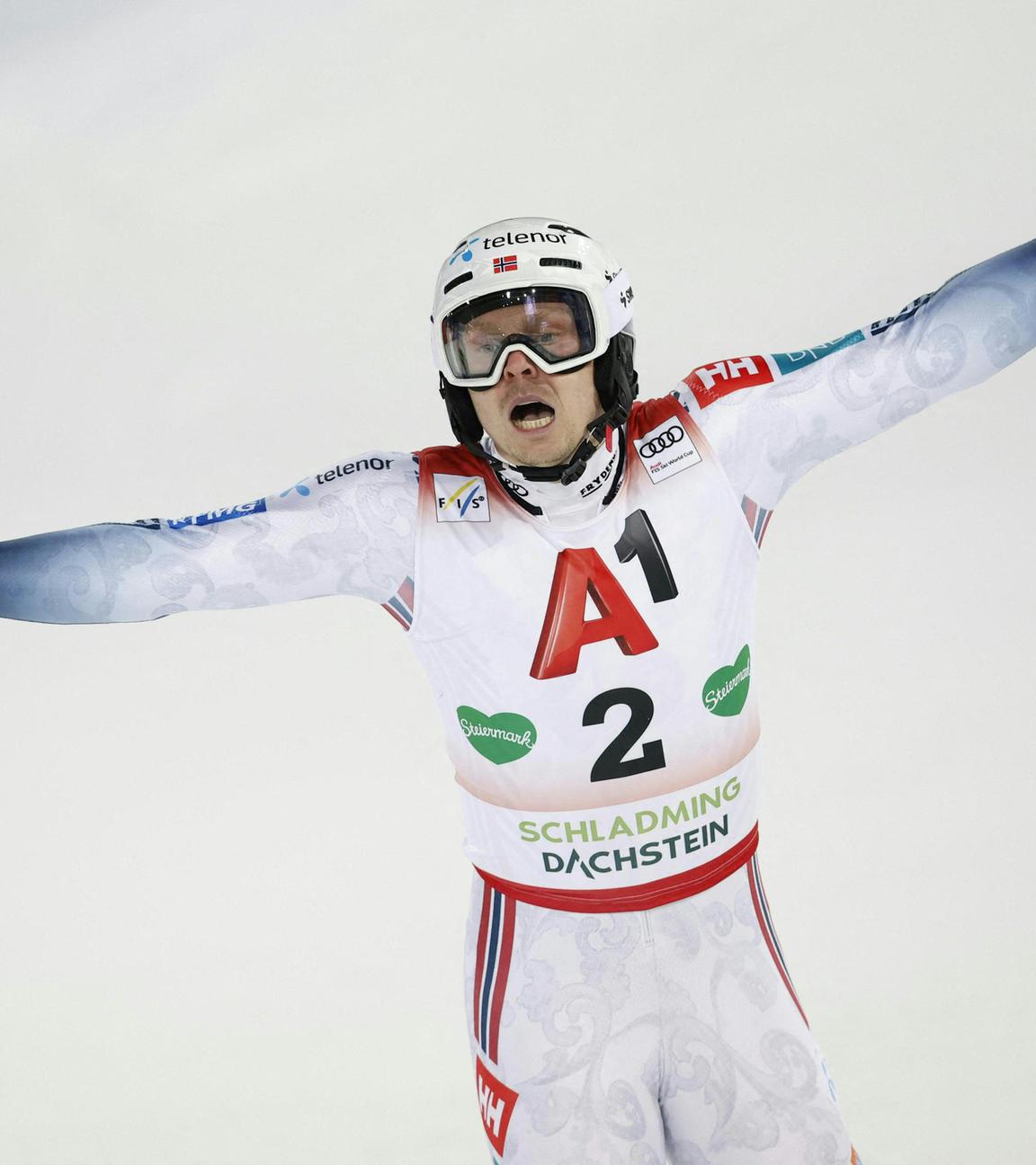 Henrik Kristoffersen reagiert nach seinem zweiten Lauf im Slalom-Wettbewerb der Herren in Schladming, Österreich, am 28. Januar 2026.