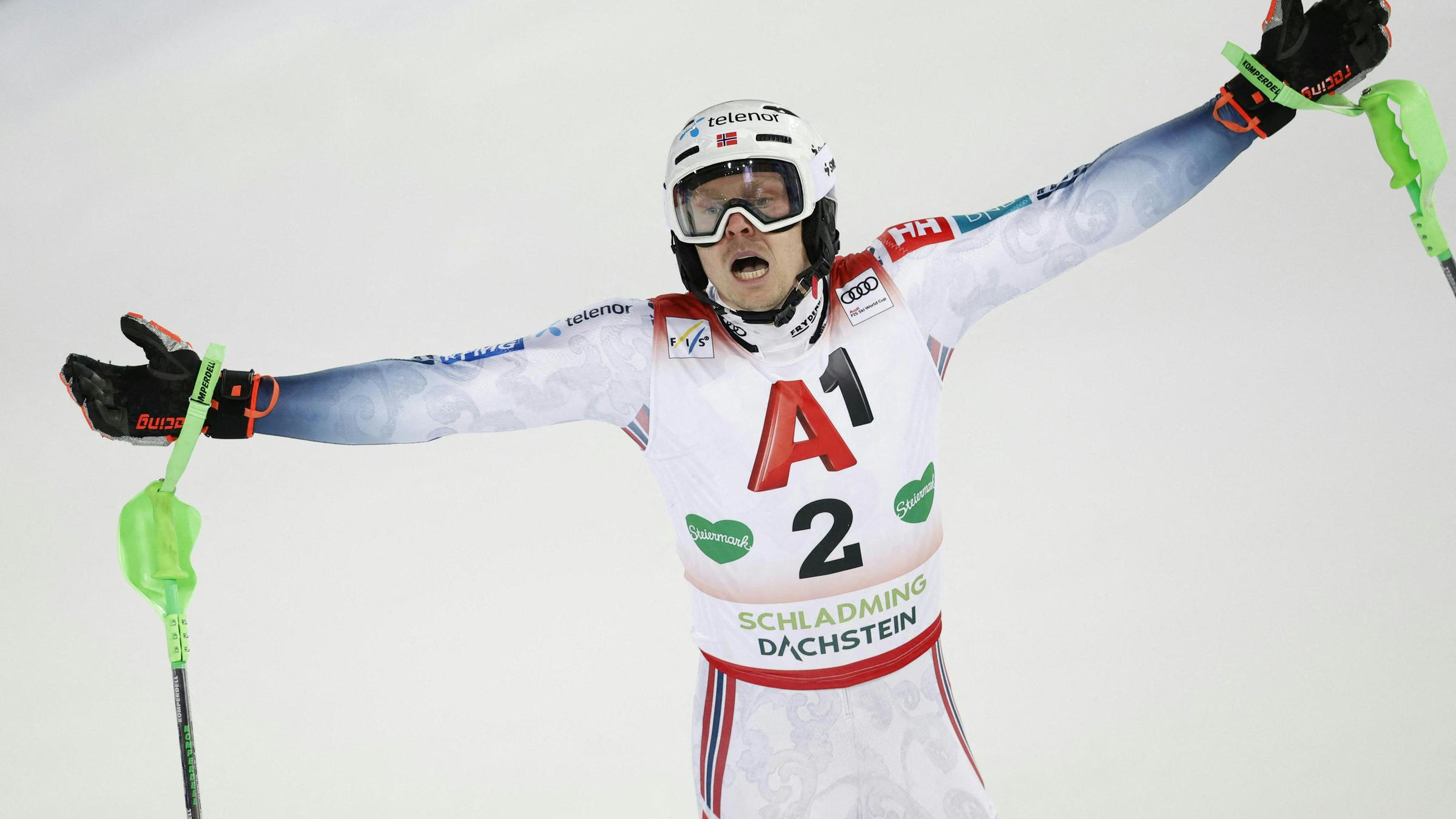 Henrik Kristoffersen reagiert nach seinem zweiten Lauf im Slalom-Wettbewerb der Herren in Schladming, Österreich, am 28. Januar 2026.