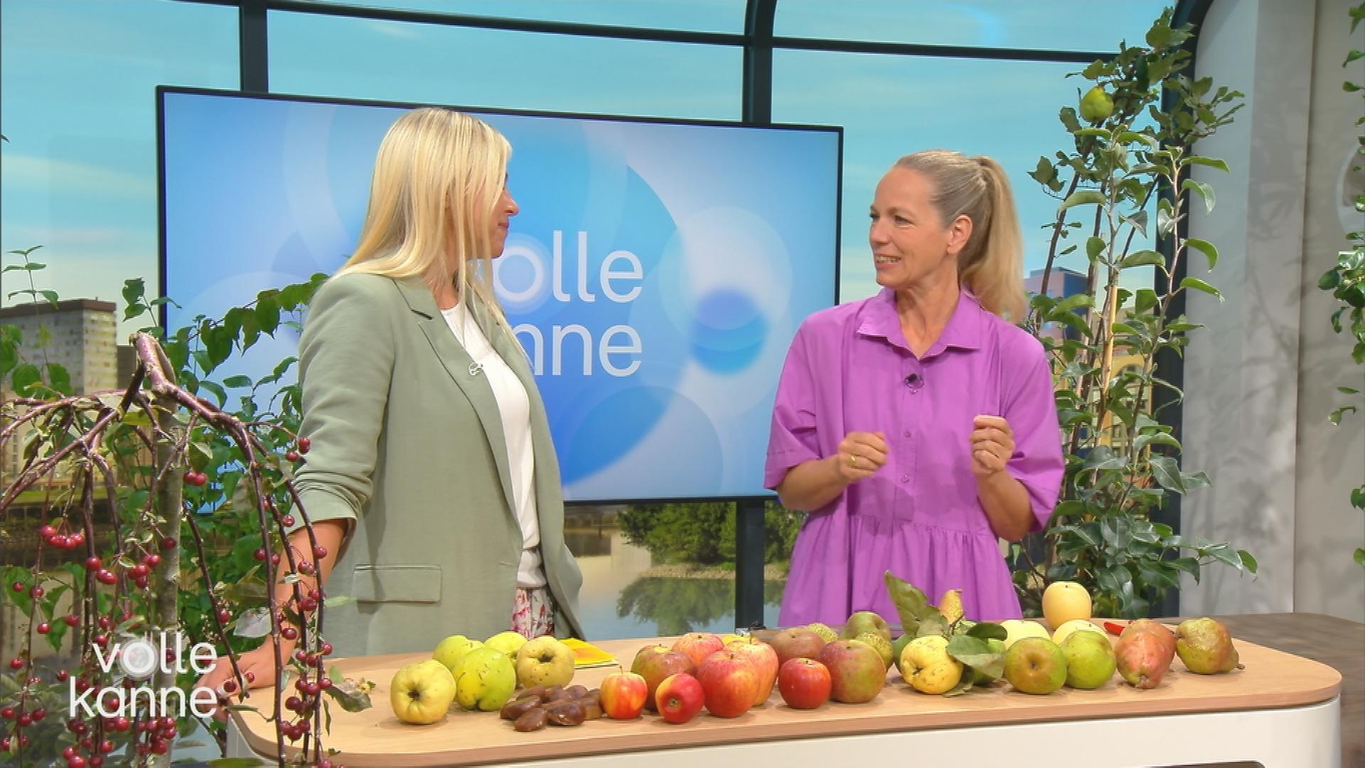 Nadine Krüger und Anja Koenzen stehen hinter Tresen mit Herbstfrüchten.