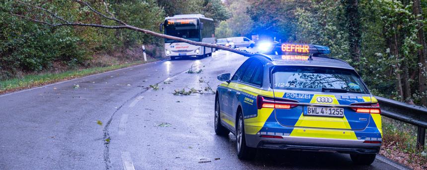 Sturmtief sorgt für gefährliche Lage im Südwesten: Ein umgegestürzter Baum behindert den Verkehr in Baden-Baden.