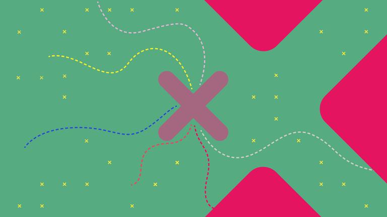 Eine verspielte Grafik ist zu sehen. Sie besteht aus vielen kleinen gelben X und zwei großen X in rosa und orange vor grünem Grund.