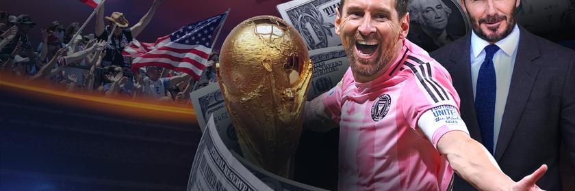 Collage: Ein Fuballer mit einem Pokal jubelt, daneben David Beckham im Anzug, eine Menschenmenge mit USA-Flaggen und amerikanische Dollar.
