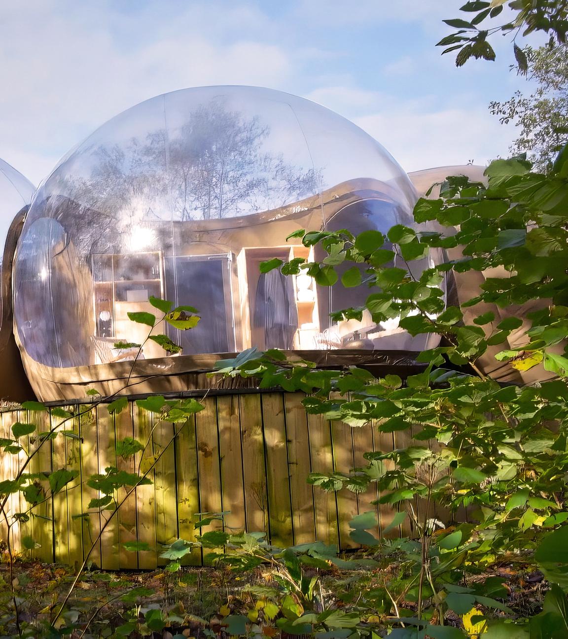 Zwei Unterkünfte, die aus transparenten Kuppeln bestehen, stehen auf Holzplattformen umgeben von Bäumen und grünem Laub.