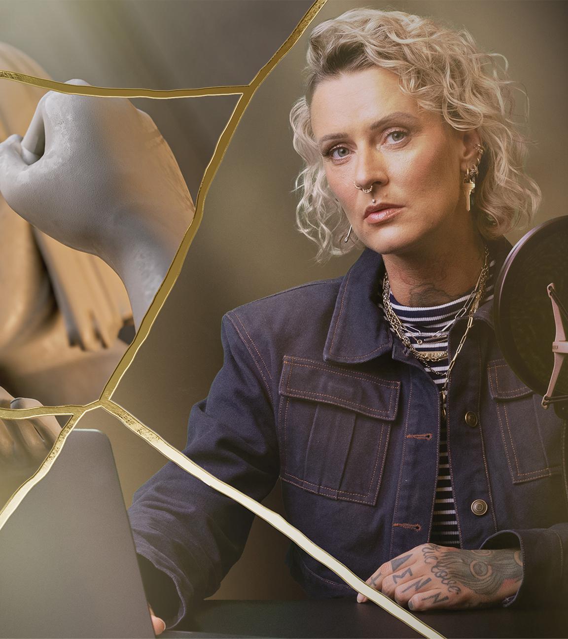 Bildmontage: Jennifer Rostock und Figuren eines Mannes, der eine Frau schlägt