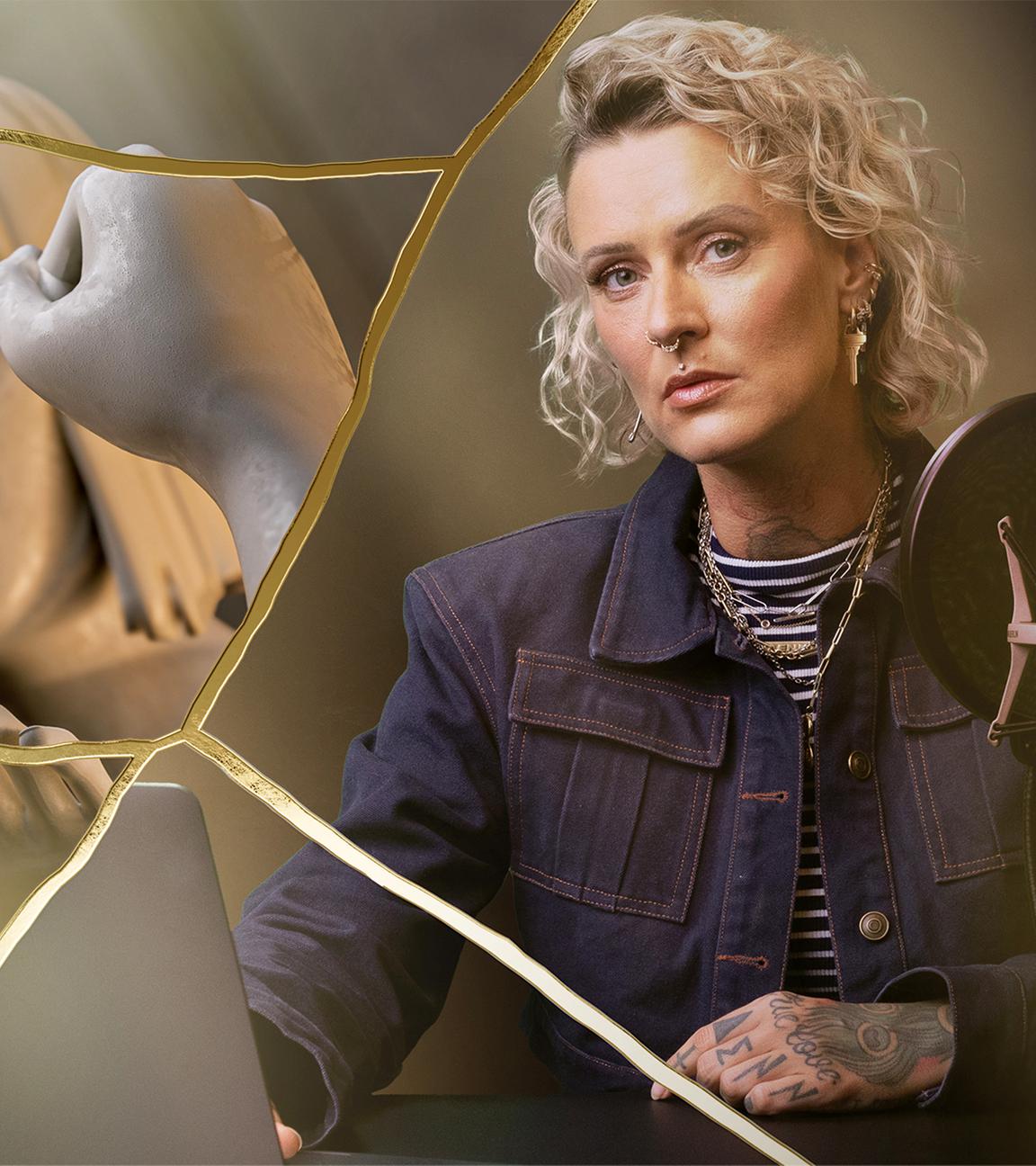 Bildmontage: Jennifer Rostock und Figuren eines Mannes, der eine Frau schlägt