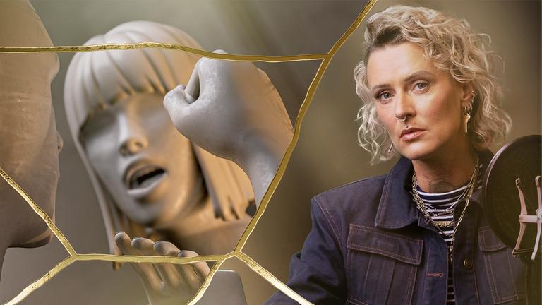 Bildmontage: Jennifer Rostock und Figuren eines Mannes, der eine Frau schlägt