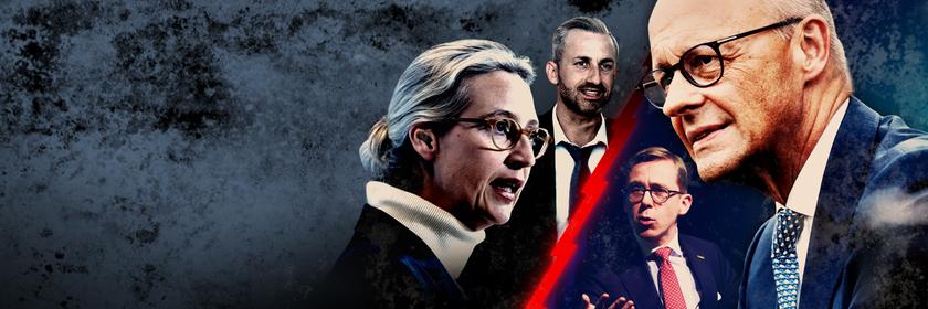 Alice Weidel und Ulrich Siegmund stehen Friedrich Merz und Philipp Amthor in einer Montage gegenüber.