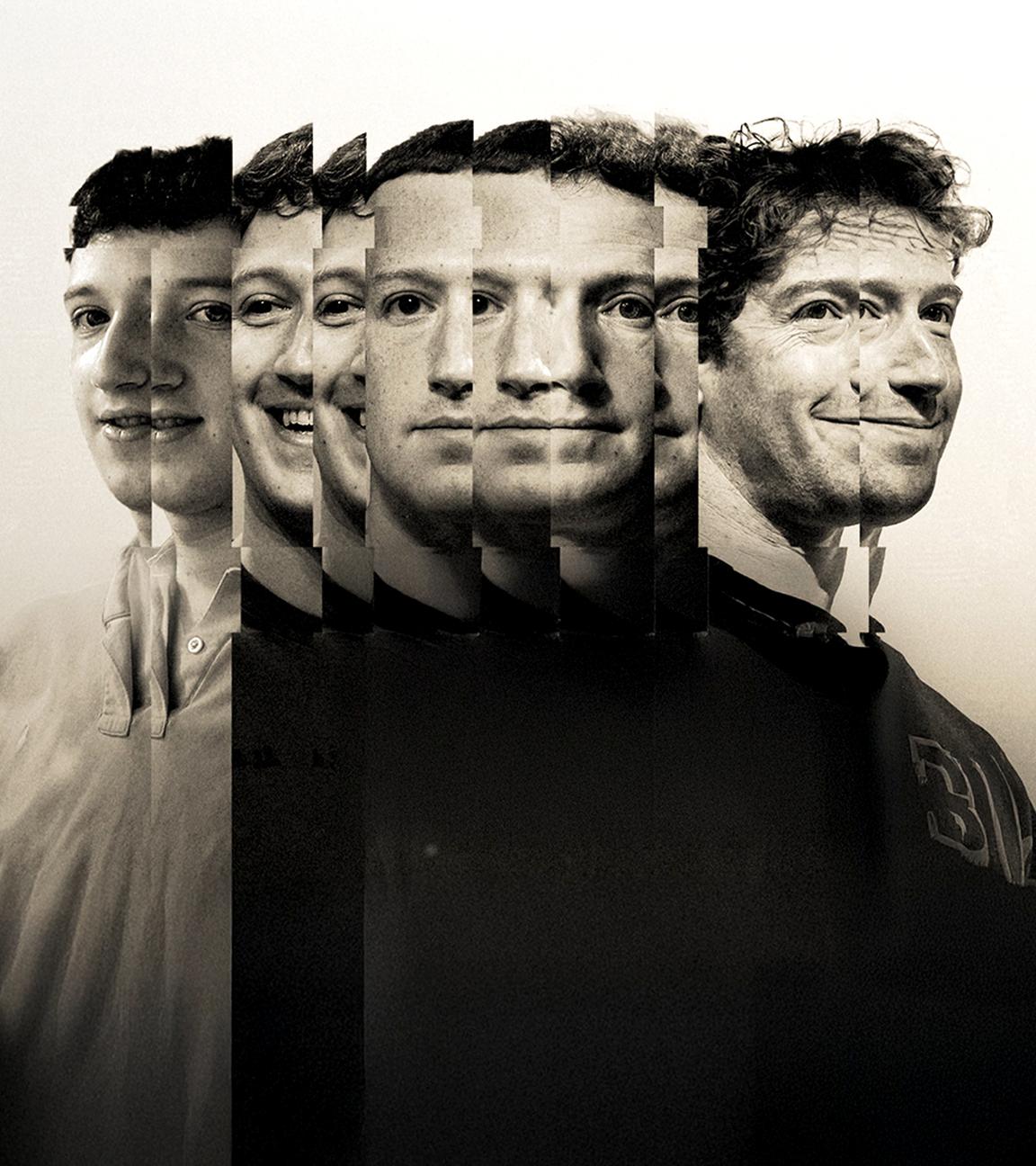 Fotomontage zeigt die Facetten des Mark Zuckerberg: Aus einzelnen Streifen älterer und neuerer Fotos setzt sich ein Portrait zusammen.