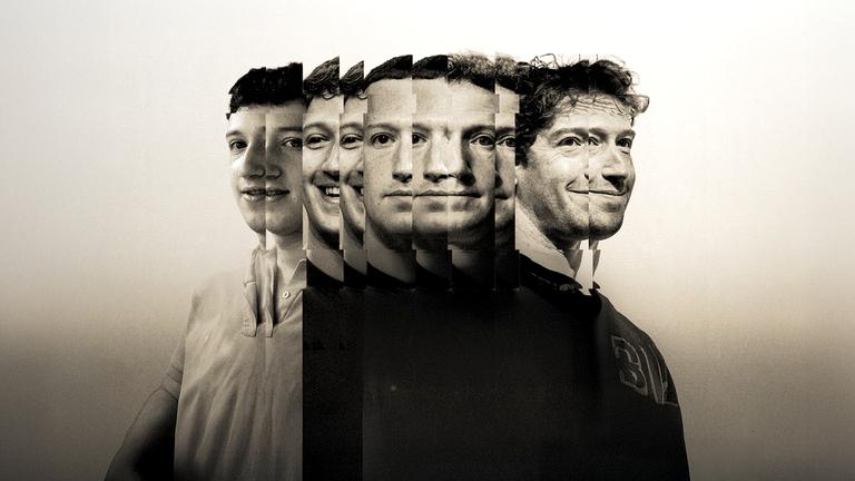 Fotomontage zeigt die Facetten des Mark Zuckerberg: Aus einzelnen Streifen älterer und neuerer Fotos setzt sich ein Portrait zusammen.