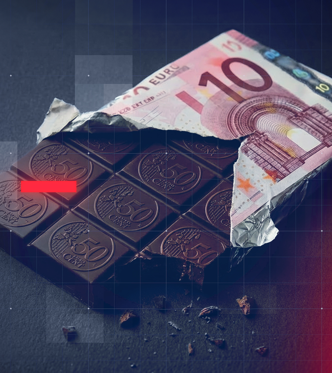 ine Tafel Schokolade mit einer Umverpackung, auf der ein 10-Euro-Schein abgebildet ist. Die einzelnen Schokostücke tragen eine Prägung im Stil einer 50-Cent-Münze.