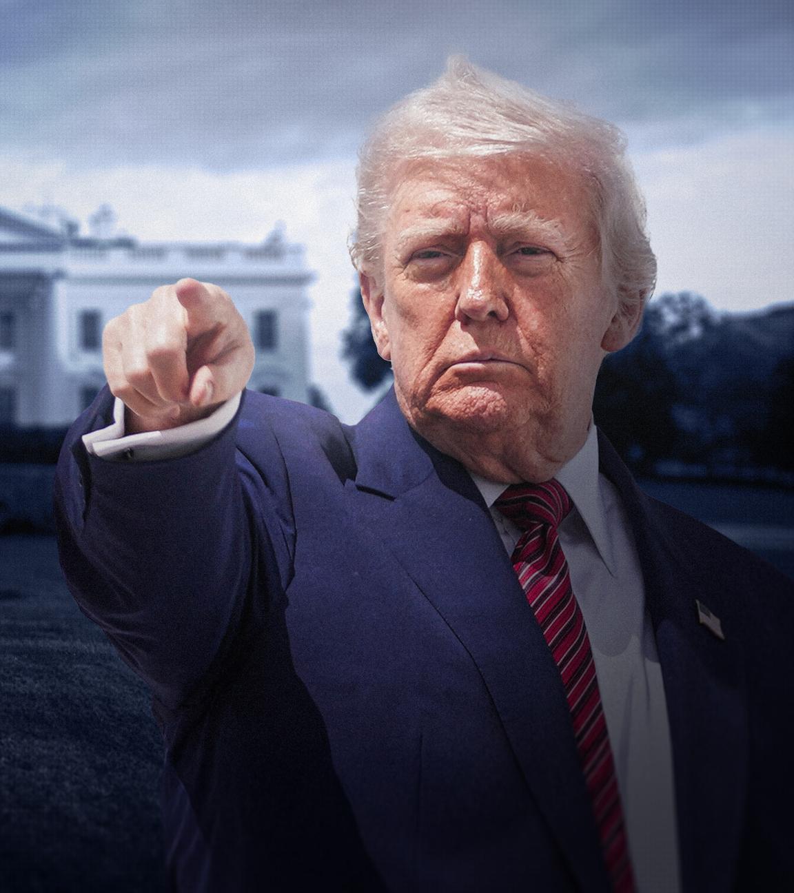 Eine Collage, auf der im Vordergrund Donald Trump zu sehen ist und dahinter das Weiße Haus.