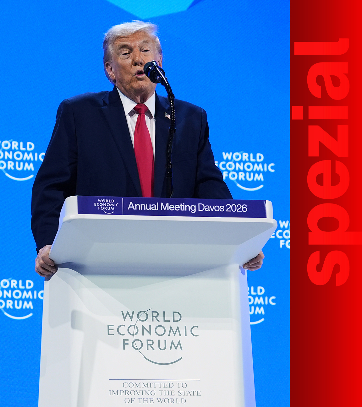 Präsident Donald Trump spricht während der Jahrestagung des Weltwirtschaftsforums in Davos, Schweiz, vor dem Publikum.