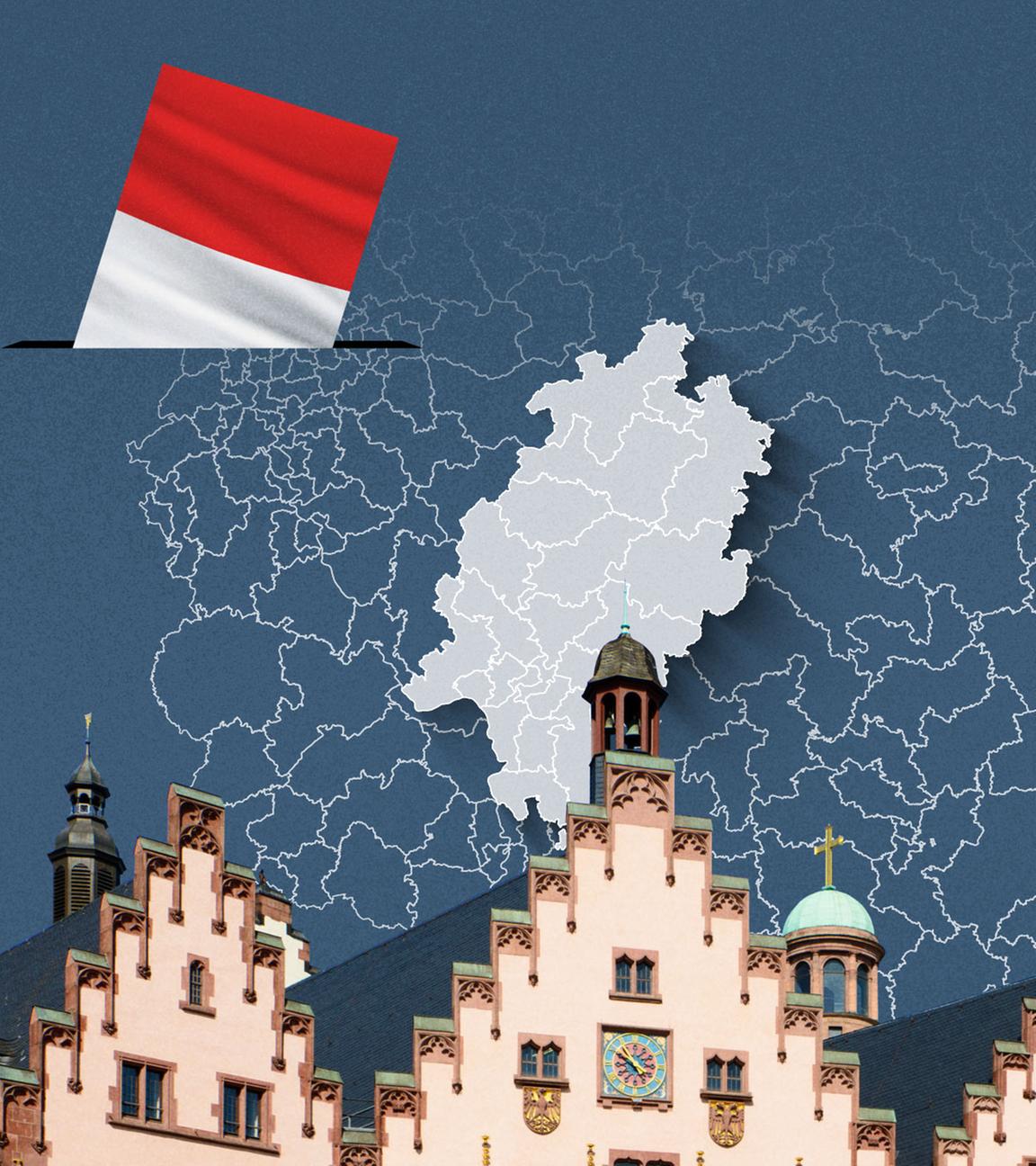 Foto vom Römer in Frankfurt, davor eine Wahlkreis-Karte von Hessen und die Flagge 