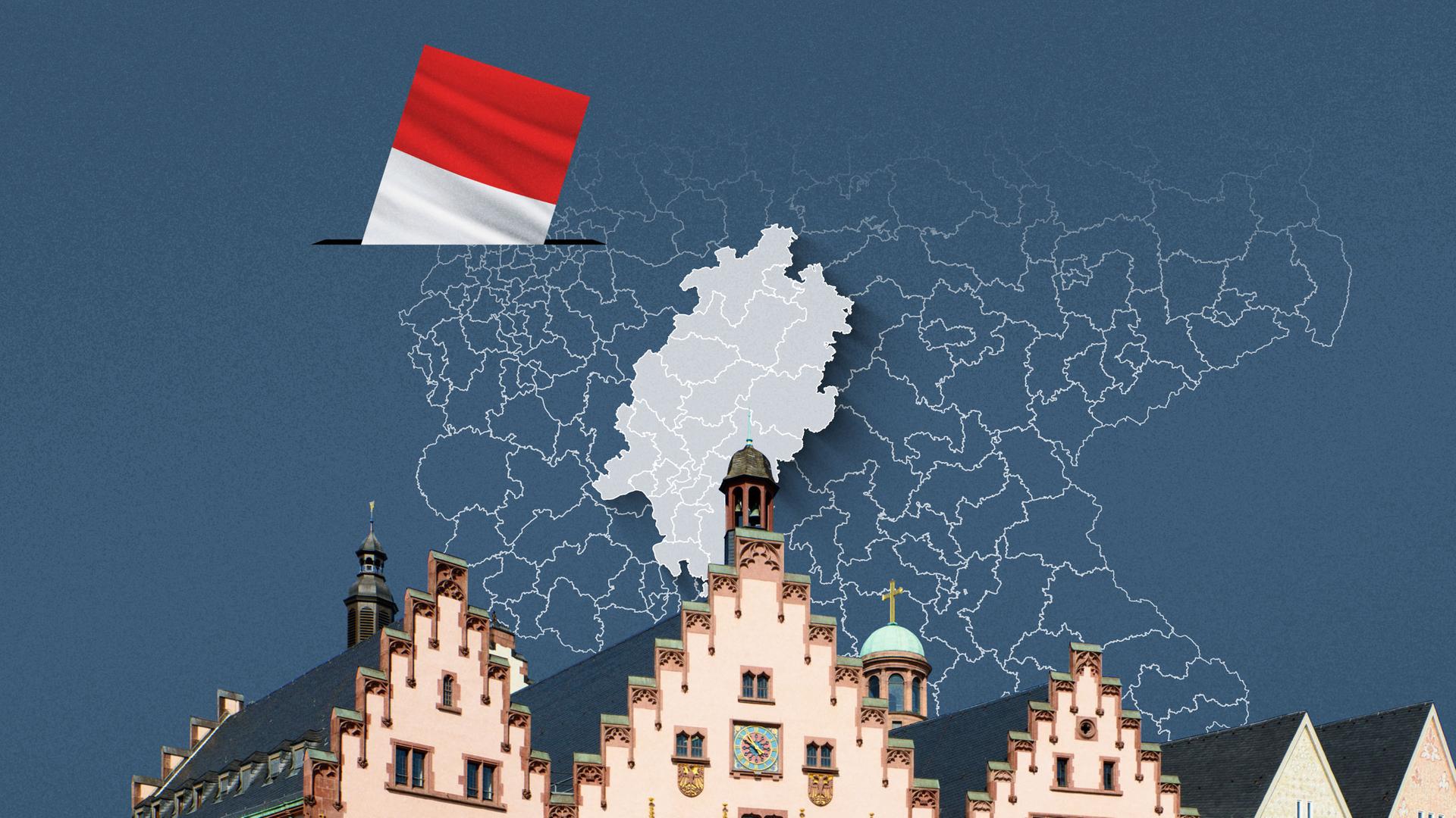Foto vom Römer in Frankfurt, davor eine Wahlkreis-Karte von Hessen und die Flagge 
