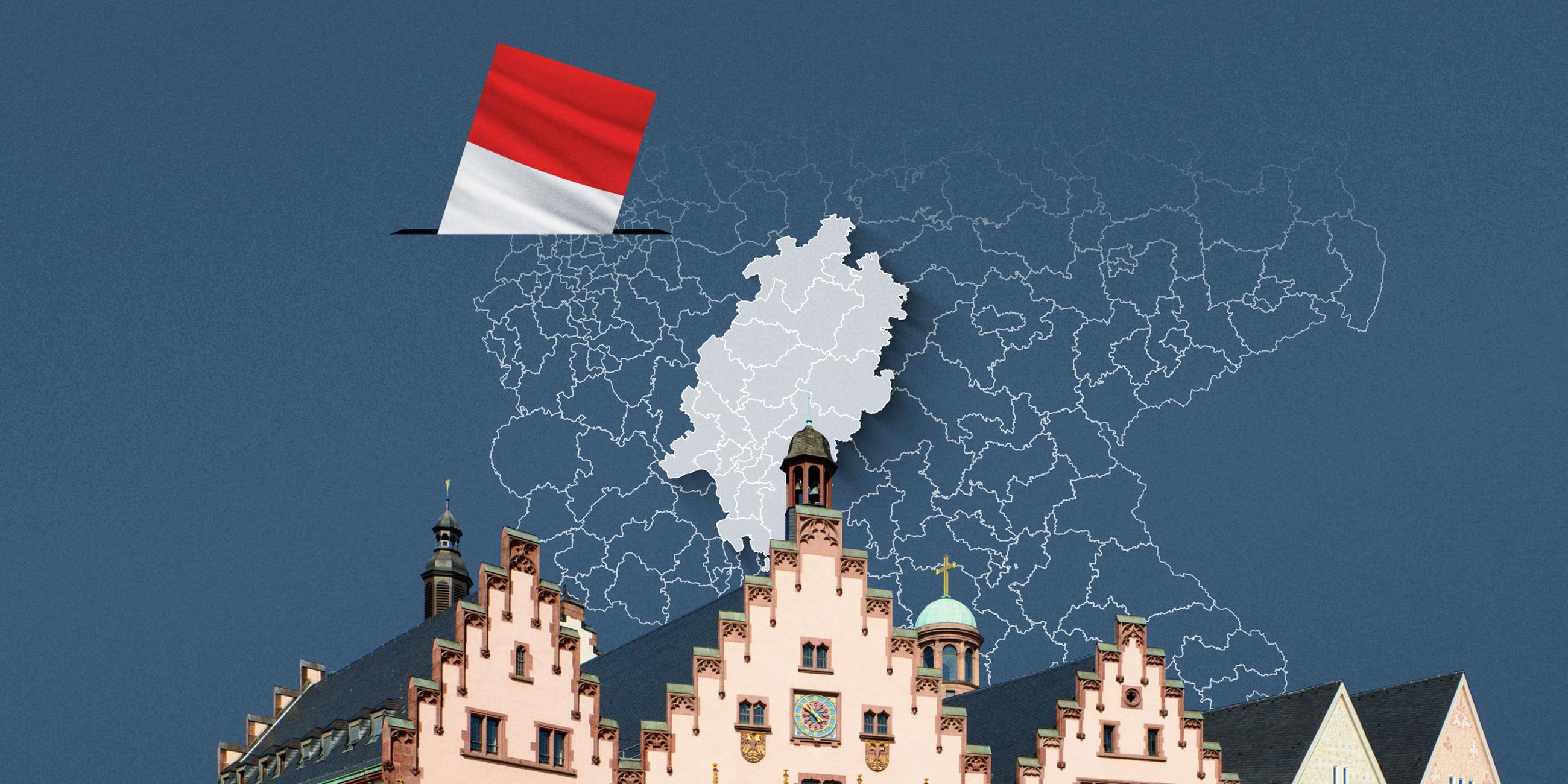 Foto vom Römer in Frankfurt, davor eine Wahlkreis-Karte von Hessen und die Flagge 