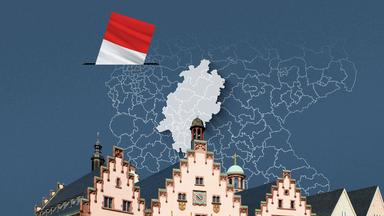 Foto vom Römer in Frankfurt, davor eine Wahlkreis-Karte von Hessen und die Flagge 