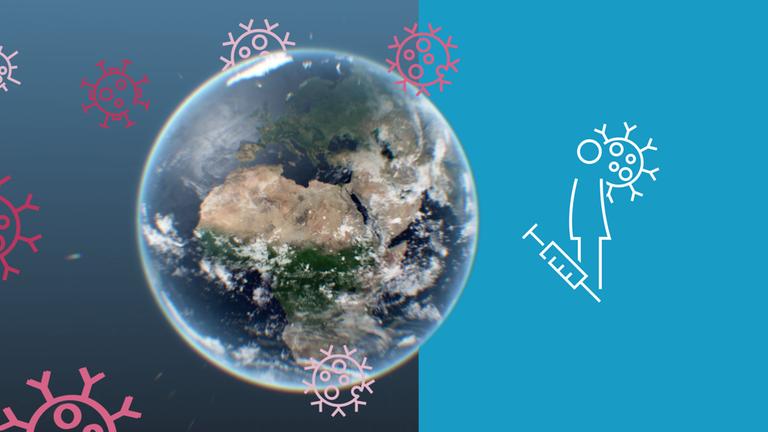 Grafik Globus mit Grippeviren und pictografischen Menschen