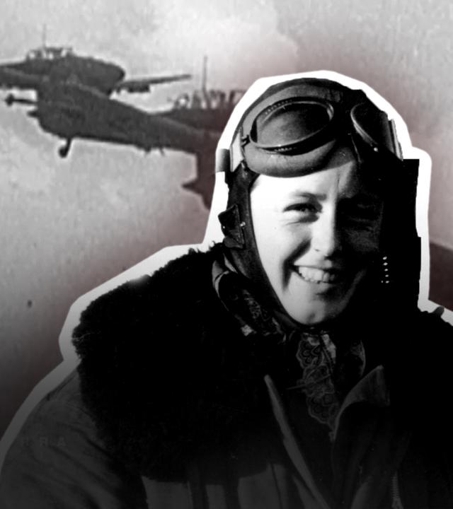 Beate Uhse als Pilotin mit Flugzeug im Hintergrund (Kollage)