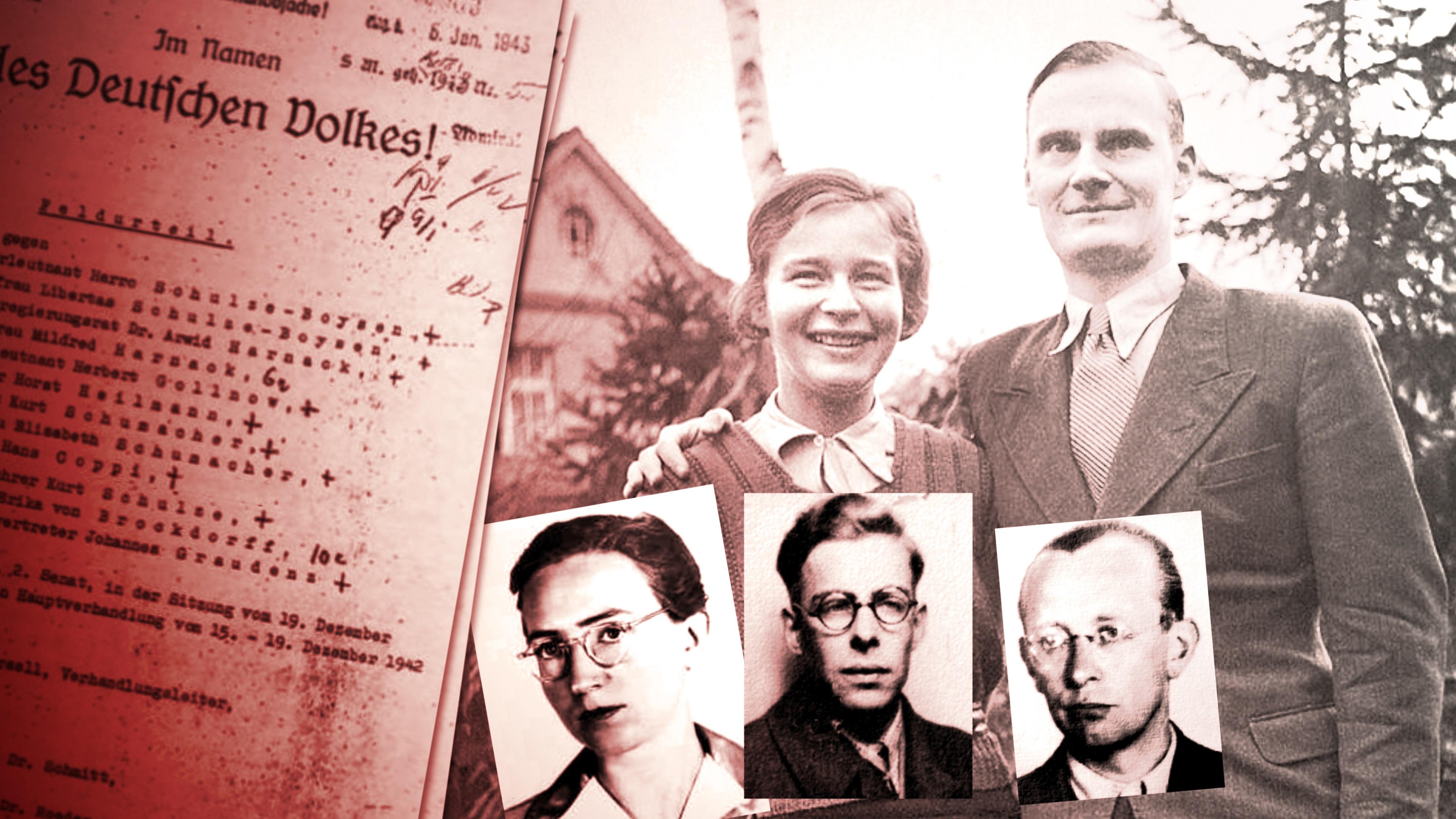 Rechts im Bild das Ehepaar Harro und Libertas Schulze Boyens, davor Passbilder der Eheleute Coppi und von Arvid Arnack, allesamt Mitglieder der Widerstandsbewegung