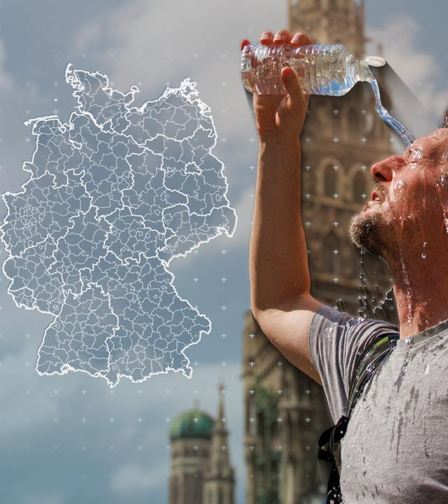 Mann schüttet sich Wasser über den Kopf.