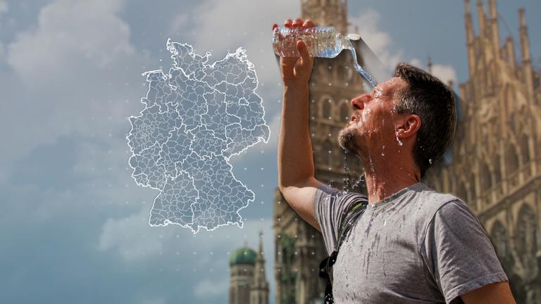 Mann schüttet sich Wasser über den Kopf.