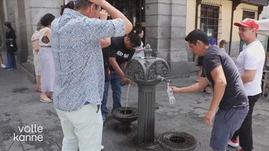 Menschen stehen in Rom an einem Brunnen und füllen sich Wasser ab.