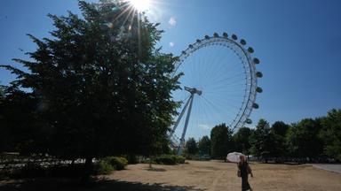 Eine Frau sucht Schutz unter einem Sonnenschirm, während sie am London-Eye vorbeigeht.