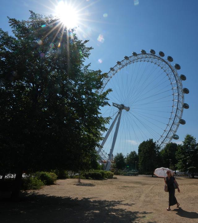 Eine Frau sucht Schutz unter einem Sonnenschirm, während sie am London-Eye vorbeigeht.