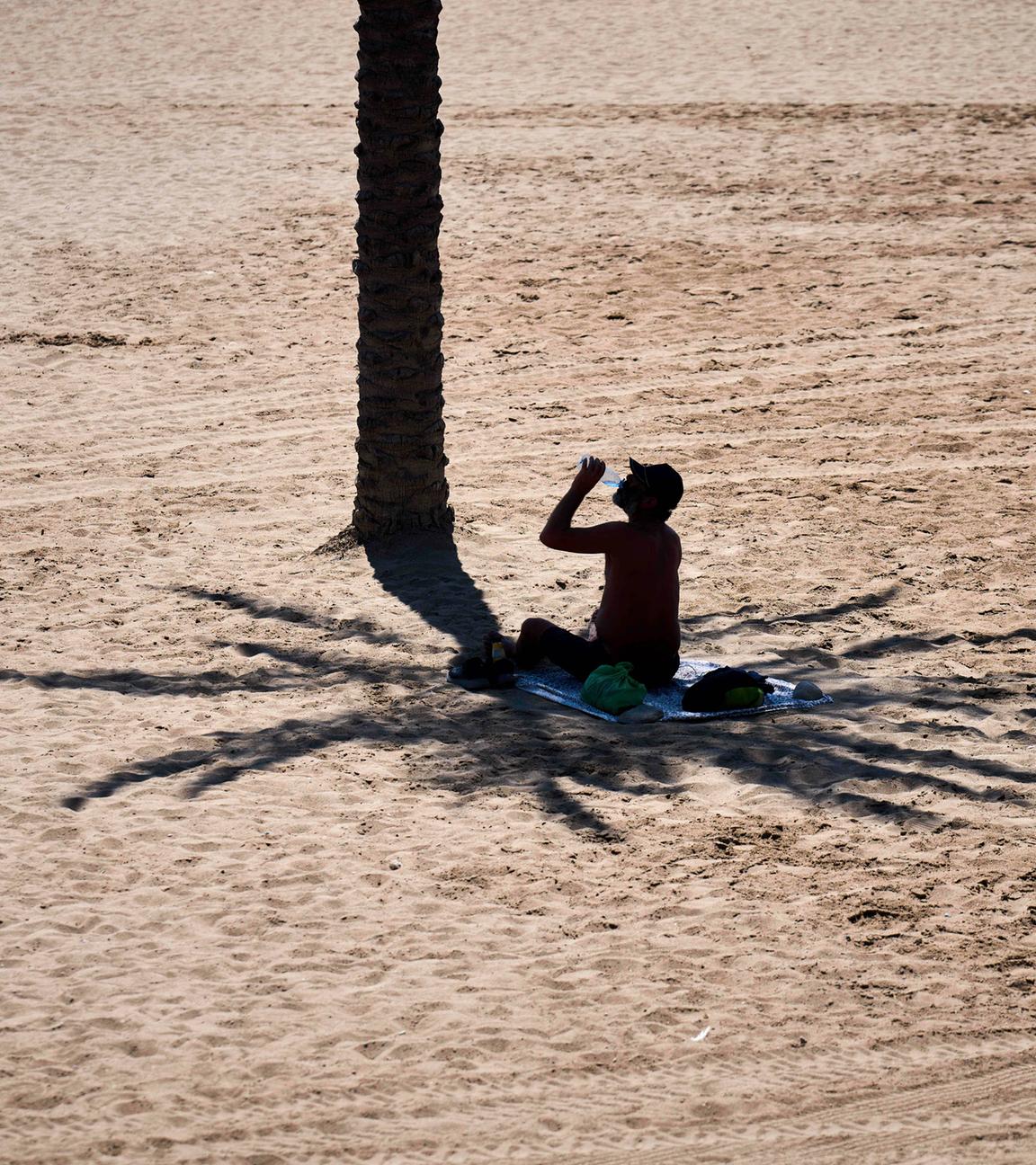 Spanien, Barcelona: Ein Mann nutzt den Schatten einer Palme, um sich vor der Sonne zu schützen, während er an einem heißen Tag am Strand Wasser trinkt.