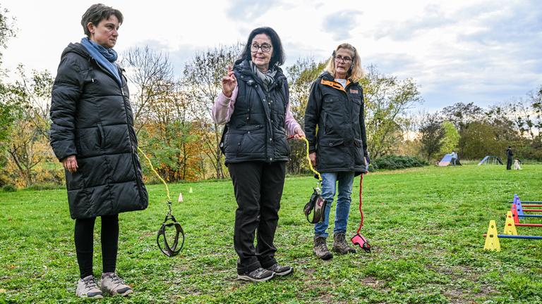 Hundetrainerin Barbara Gerlinger (M) hält eine Hundeleine in der Hand und erklärt Teilnehmern des Kurses das Hobby-Dogging, aufgenommen am 31.10.2025
