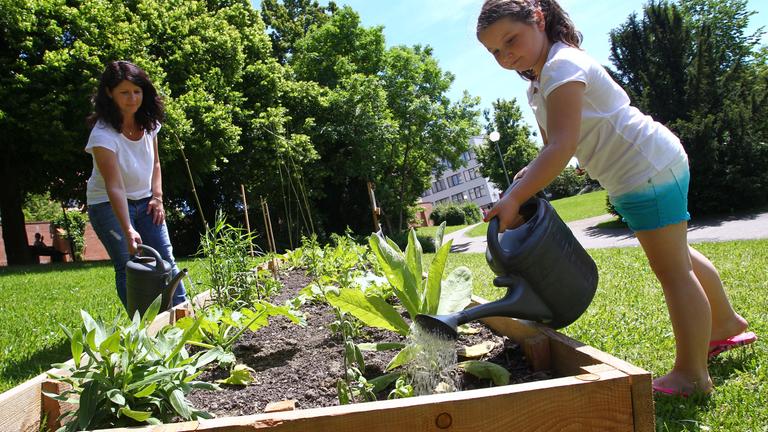 Eine Frau und ein Kind gießen ein Hochbeet in einer öffentlichen Grünanlage.