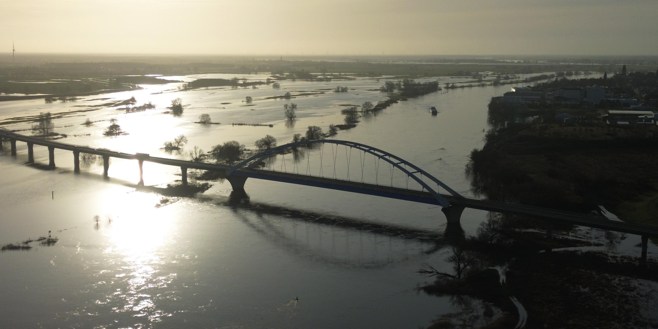  Weite Flächen, in Sachsen-Anhalt bei Tangermünde, neben dem Lauf der Elbe sind überflutet.
