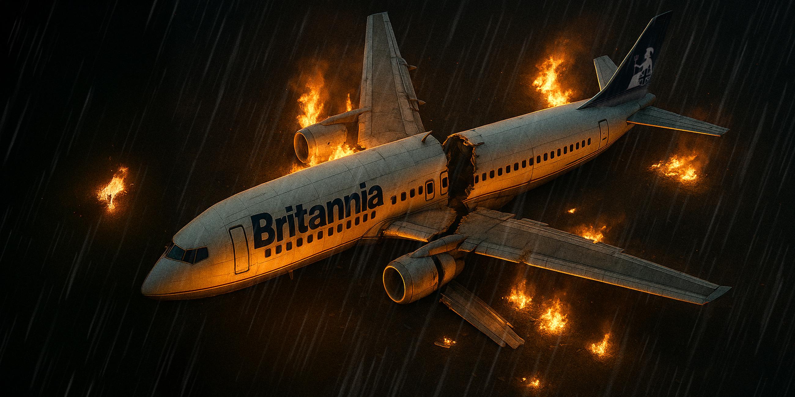 Ein Flugzeug liegt mit durchgebrochenem Rumpf und brennenden Teilen auf dem Boden bei Nacht und Regen
