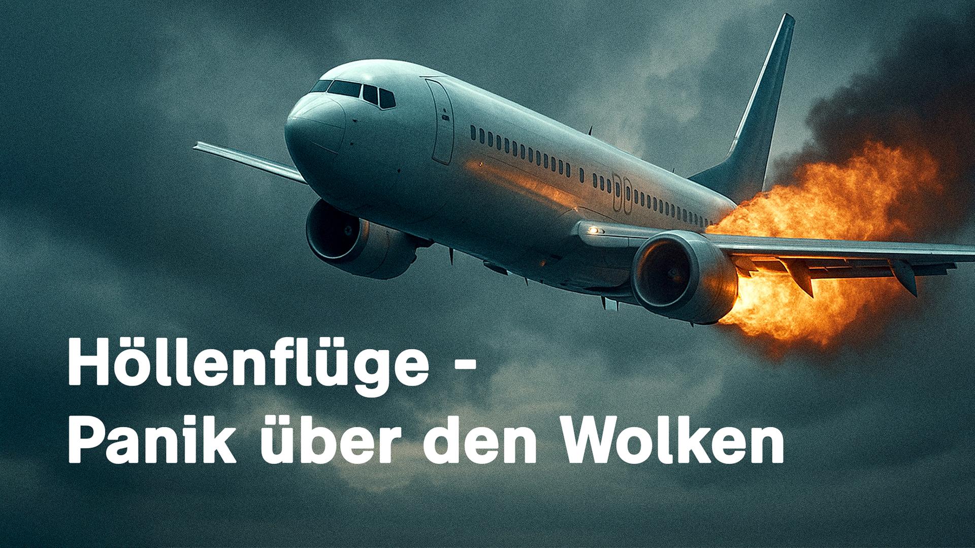 Ein Flugzeug mit einem brennenden Triebwerk rast nach unten am dunkel bewölkten Himmel