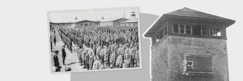 Grafik: Scharzweißaufnahme Konzentrationslager mit Foto Gefangene
